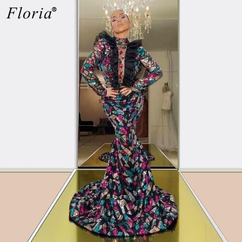 African Sparkly Prom Dress 2020 Mermaid Long Sleeves Vestido De Festa Dubai Sexy Evening Dress Women Party Dress Turkish Couture