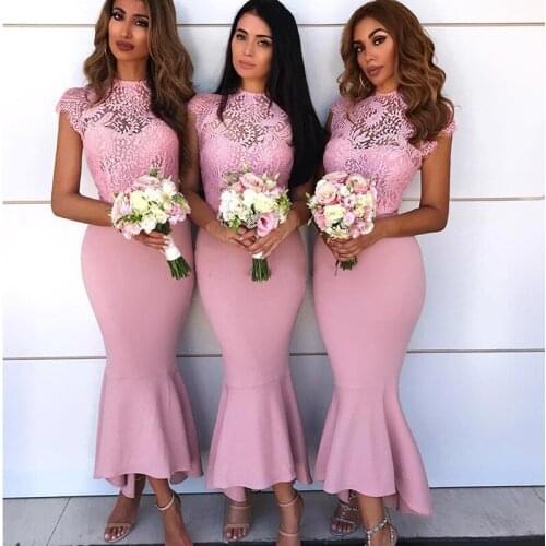 Simple Cap Sleeve High Low Mermaid Bridesmaid Dresses Sexy See Through Lace Prom Dress Prom Party Gowns Vestido de festa
