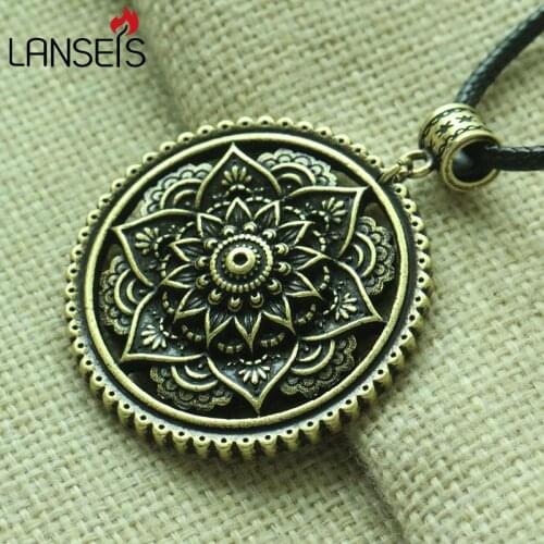Lanseis 10pcs Boho Style Lotus Mandala pendant Mandala flower women necklace geometry amulet pendant Tribal Gypsy Jewelry