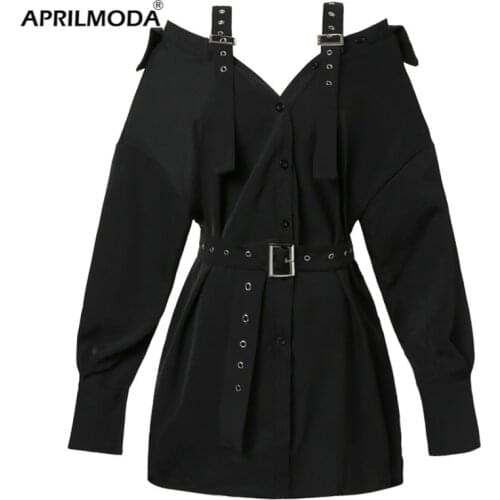 2020 Black Sexy Gothic Shirt Dress With Belt Punk Style Mini Sexy Strap Autumn Female Club Wear Party Off Shoulder Streetwear