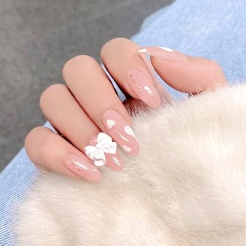 New Hot 24pcs Bowknot Printed Nails Patch Glue Type Long Paragraph Fashion Removable Manicure False Nails Patch