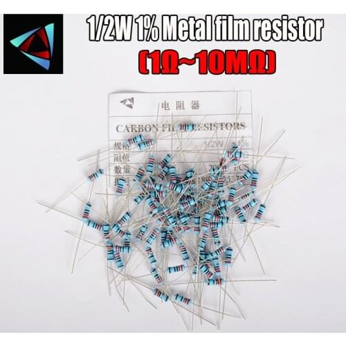 50pcs 1/2W Metal Film Resistor 1% 1R ~ 10M 1 2 10 22 47 100 330 ohm 1K 4.7K 10K 22K 47K 100K 330K 470K 2R 10R 22R 47R 100R 330R