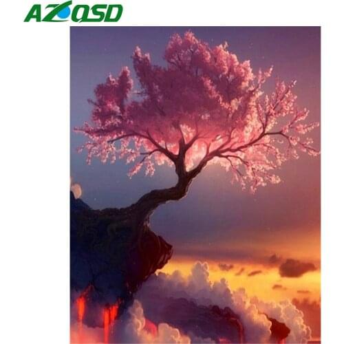 AZQSD Paint By Number Sakura Tree Scenery Handpainted Oil Painting DIY Coloring By Numbers For Adult Acrylic Modern Wall Art