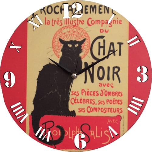 Wooden Silent Quartz Circle Chat Noir Wall Clock 30x30cm Classical Design