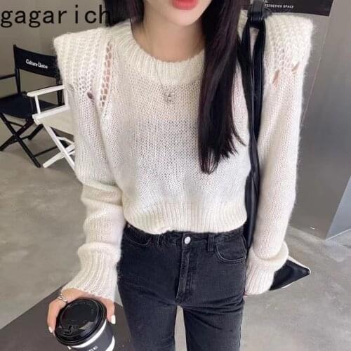 Gagarich Woman Chic Knitting Pullover 2021 Autumn New Ins Hollow Loose Long Sleeves O-neck Solid Versatile Female Short Sweater