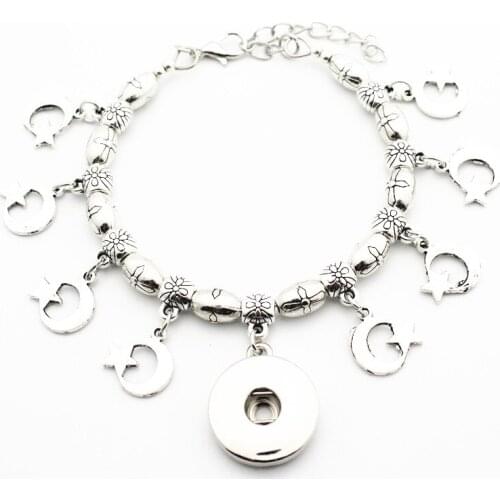 Hot Sale 1pcs Metal Silver Cross Bead Snap Bracelet With Moon And Star Charms 18mm Snap Button Bracelet&Bangles Jewelry