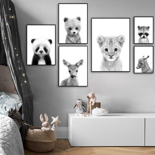 Lion Panda Raccoon Giraffe Wall Art Canvas Painting Nordic Posters And Prints Black White Wall Pictures For Baby Kids Room Decor