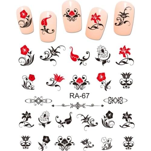 UPRETTEGO NAIL ART BEAUTY WATER STICKER DECAL SLIDER BLACK RED FLOWER FLORAL ROSE DANDELION VINTAGE SWIRL PATTERN RA067-072