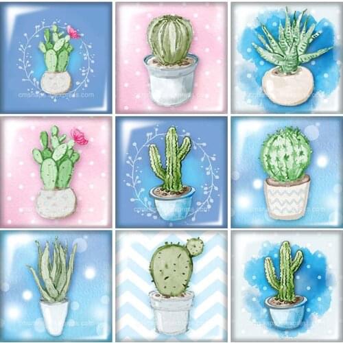 Beauty Flowers cactus sakula 12mm/20mm/25mm/30mm Square glass cabochon flat back DIY Jewelry Findings Components wholesale