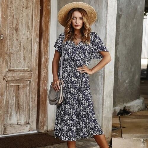 Summer Elegant Dress Women Midi Party Office Casual Cotton A-Line Floral Short Sleeve Ruffled Neck Empire Robe Femme Ropa Mujer