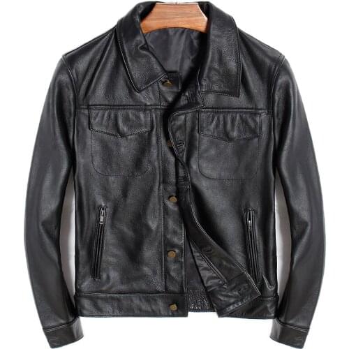 Factory 2020 New Men Casual Cow Leather Jacket 100% Genuine Leatehr Riding Biker Lapel Jackets Russia Free Shipping