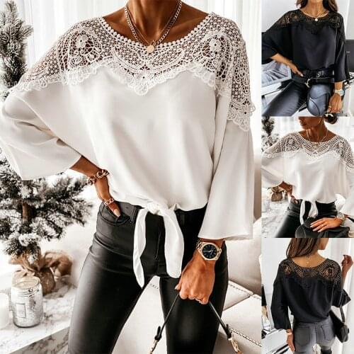 New Pure color temperament shirt Fashion Women Solid Long Sleeve Lace Hollow Out Bandage Sexy Casual Blouse Tops dames blouse T5