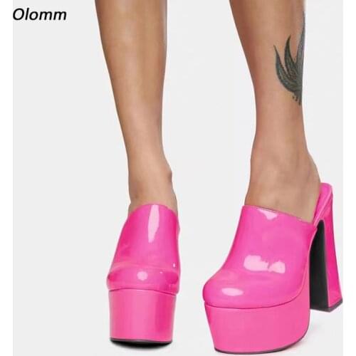 Olomm New Arrival Women Platform Mules Sandals Hoof Heel Round Toe Gorgeous 10 Colors Evening Shoes Women US Plus Size 5-15