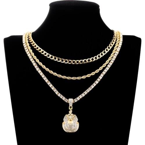 Hip Hop Pharaoh Head Pendant Necklace For Men Egyptian Style Iced Out Crystal Small Charm Necklace With Tennis Chain Jewelry