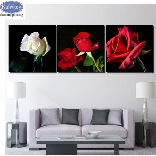 Full square/round,Diamond Embroidery,5D,Diamond Painting 3 Pieces Beautiful White And Red Rose Flowers Mosaic,Needlework,Crafts