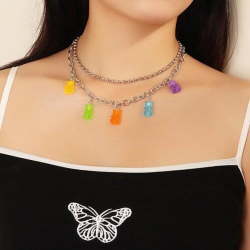 5Colors Rainbow Pride Cute Jelly Bear Gummy Necklaces for Women Girls Cool Punk Hip Hop Resin Necklaces Accessories