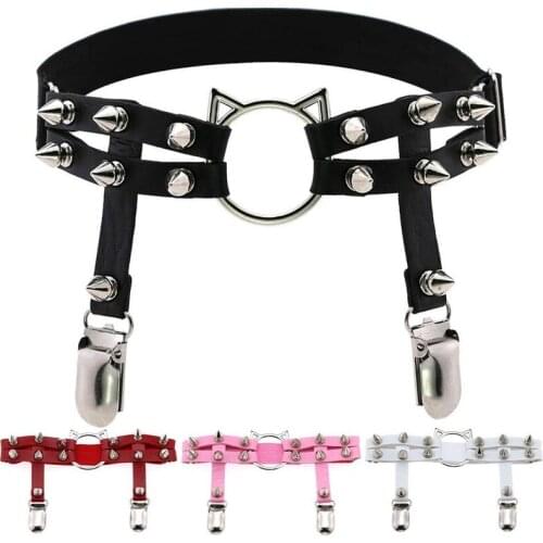 Richkeda Store New 2021 Womens Sexy Punk Elastic Harness Cat Leg Chain Garter Belts Cosplay Spike Elastic Thigh Ring Garter Body