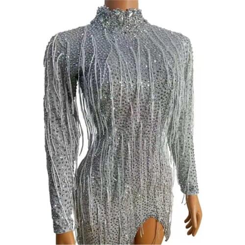Sexy Shining Rhinestones Tassel Dress Birthday Celebrate Evening Party Show Dress Fringes Costume Dance Dress