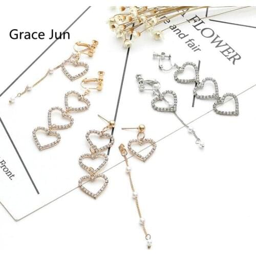 New Arrival Rhinestone Simulated Pearl Asymmetric Tassel Clip on Earrings and Pierced Earrings for Women Popular Heart Earrings