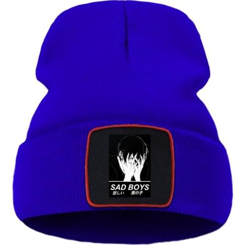 Wool Casual Beanie Hat Soft Flexible Knitted Hats Japan Stlye Sad Boys Anime Printing 2020 Unisex Hats Skullies Quality Hat