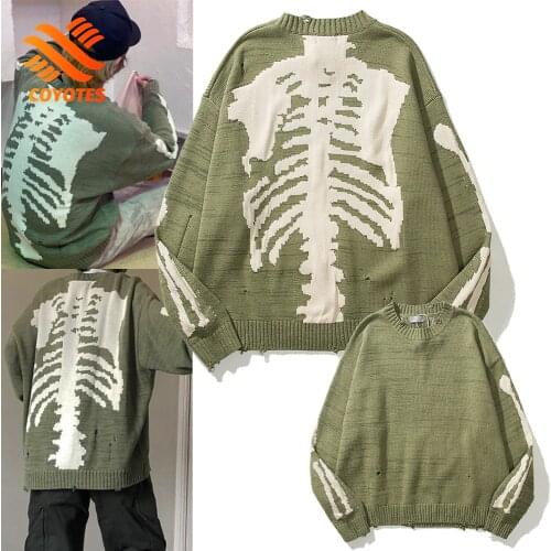 COYOTES Mens Womens Sweaters O-Neck Skull Jacquard Hole Knitted Pullovers Hip Hop Streetwear Fashion Loose Long-Sleeved Sweater