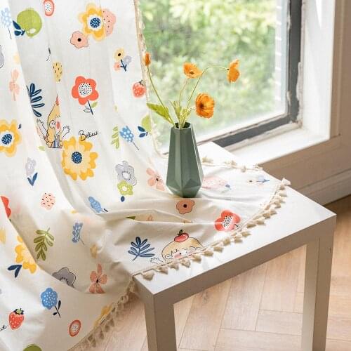 Cute Flower Plants Curtains Tassel Windows Curtain for Girls Kids Living Room Bedroom Home Decor Semi-Blackout Cotton Linen