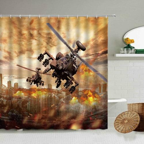War Weapon Tank Aircraft Shower Curtain Burning Flame Bathroom Accessories With Hook Waterproof Polyester Cloth Screen Washable