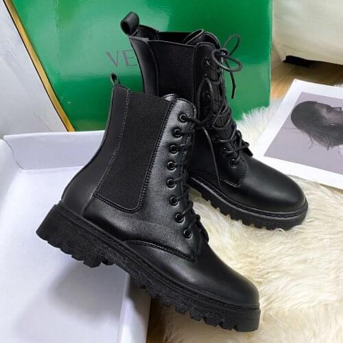 New Black PU Leather Ankle Boots Women Autumn Winter Round Toe Lace Up Shoes Woman Fashion Motorcycle Platform Botas Large Size