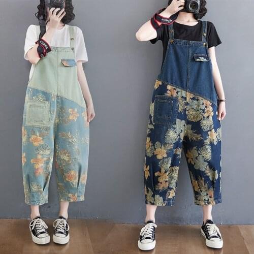 2021 Spring Cowboy Women Jeans Patchwork Floral Printed Jumpsuits Suspenders High Waist Casual Overalls Denim Rompers Long Pants