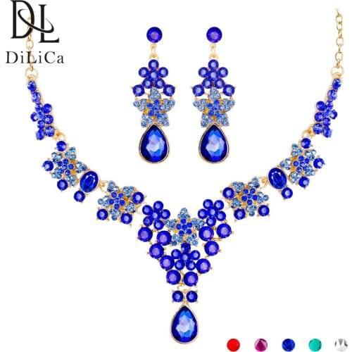 DiLiCa Elegant Crystal Jewelry Sets for Women Rhinestone Statement Pendant Necklace Earrings sieraden set Bridal Jewelry Set