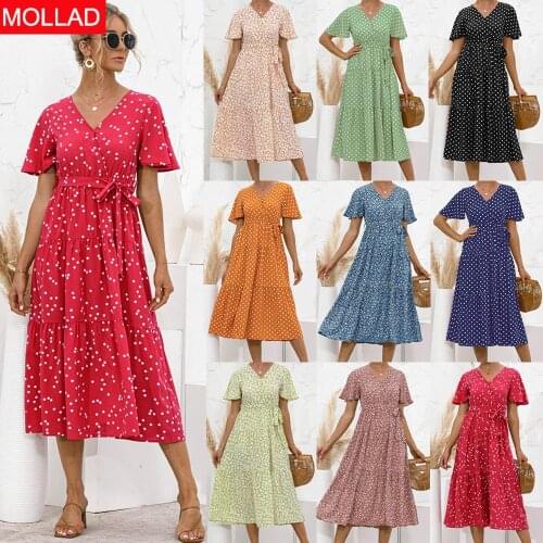 Spring/Summer 2021 Hot Sale V-neck Cross Polka Dot Floral Belt Dress Maxi Dress Women Long Summer Dresses