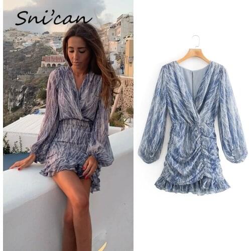 Snican snakeskin print draped ruffle mini dress v neck sexy dresses spring sukienka za 2020 women camiseta manga larga mujer
