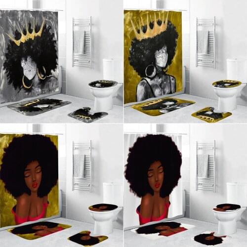 Golden African American Women Bathroom Shower Curtain and Rug Sets Crown Sexy Afro Girl Bath Curtains Toilet Cover Mat Carpet