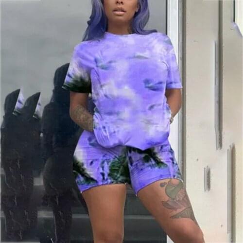 2021 Fashion Tie-Dye Suit Short Sleeve Top and Pants Sports Sweatshirt Set O-Neck Casual Joggers Biker Shorts Streetwear Outfit
