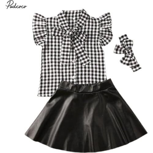 2020 Baby Summer Clothing Infant Kids 1-4T Infantil Kids Baby Girls 3Pcs Set Checked Bowtie Shirts PU Leather Skirts Headband