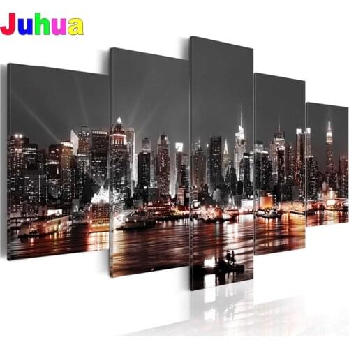 5 Pieces New York City Construction Scenery Diamond Painting Crystal Full Round diamond Mosaic 3d picture embroidery Landscape