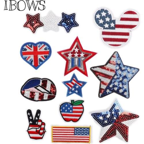 IBOWS 5PCS Iron on American Flag Patches Sequin Pacthes for Clothes Decoration DIY Appliques Embroidered Clothing Patch Stickers
