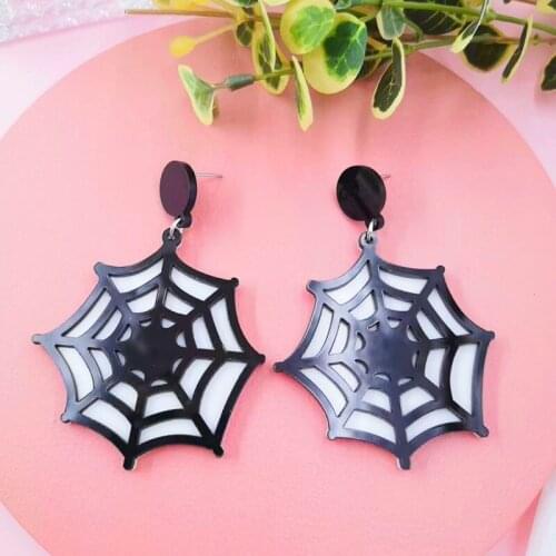 Acrylic Big Circle Black Spider Web Cobweb Drop Earrings For Women Punk Breaken Heart Bat Dangle Earrings Halloween Jewelry Gift