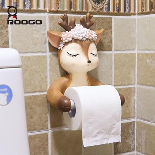 Roogo Cute Deer Head Paper Holder Toilet Resin Bathroom Decoration Paper Dispenser Creative Towel Toilet Paper American Style