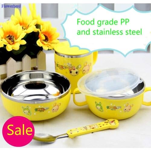 Baby Child Bowl Tableware with Lid Baby Stainless Steel Suction Cup Insulation Bowl Fork Spoon Set Complementary Food Tableware