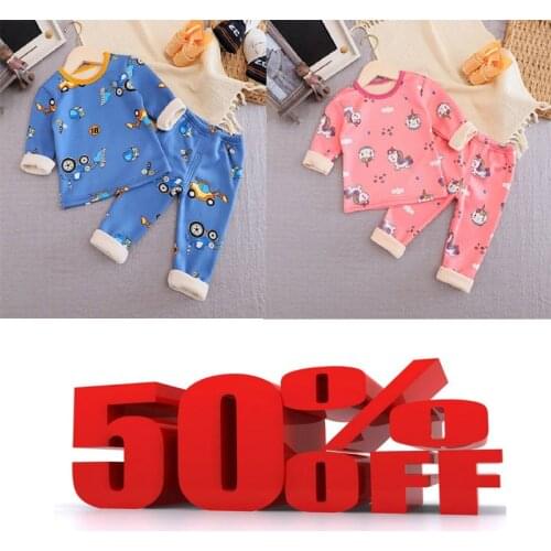 Kids Pajamas Sets Baby Boys Girls Velvet Warm Long Sleeved Tshirt+Pant Cartoon Clothing Autumn Sleepwear Suit Pyjama suit