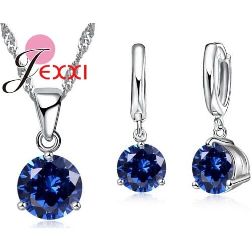 Promotions!!Canndy Colors 925 Sterling Silver Wedding Elegant Jewelry Sets CZ Crystal Pendant Collar Necklace Earrings