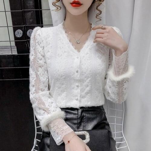 Harajuku Lace Blouse Womens V Neck Floral Lace Long Sleeve Shirts White Party Wedding Shirt Casual Elegant Tops Street Blusas