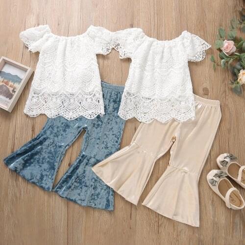Summer 2Pcs Kids Set Solid Color Lace Short-Sleeves T-Shirt + Velvet Flared Trousers Outfits for Girls 1-6 Years