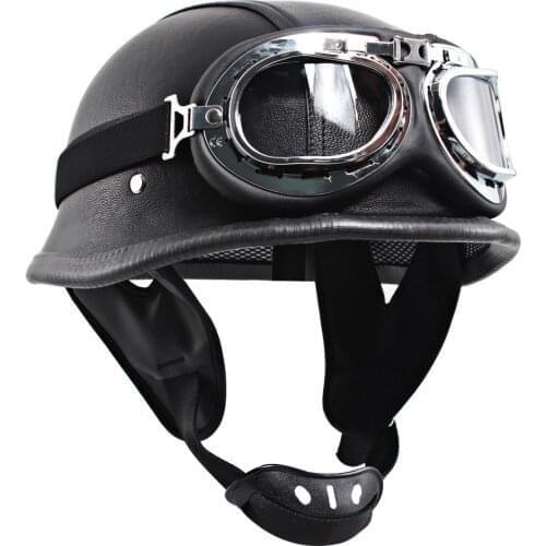 Motorcycle Helmet German Leather with Glasses Style Vintage Open Face Retro Half Helmet for Cruise Chopper Biker Pilot Helmet