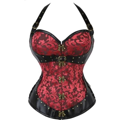 NEMOLEMON Brown Red Steampunk Corset Gothic Clothing Sexy PU leather Buckle Halter Corsets And Bustiers Slimming Sheath Belly