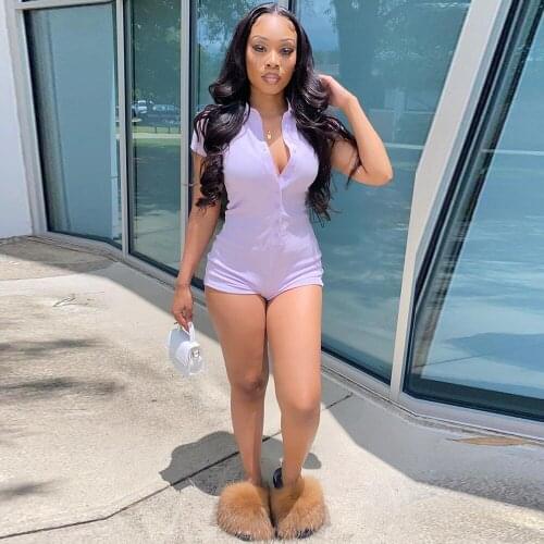 Single-breasted Slim Rompers Womens Bodysuit 2021 Turn Down Collar Short Sleeve Skinny Romper Activewear Stretchy Playsuits