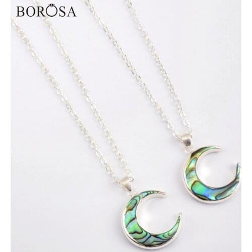 BOROSA 18inch Silver Plated Moon Abalone Shell Pendant Necklaces High Quality Crescent Mother Of Pearl Necklace for Women S1768