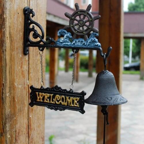 Beach Blue Paint Rudder Cast Iron Wall Bell With Gold Welcome Signs Plaques Home Garden Decor Rustic Iron Welcome Door Bell