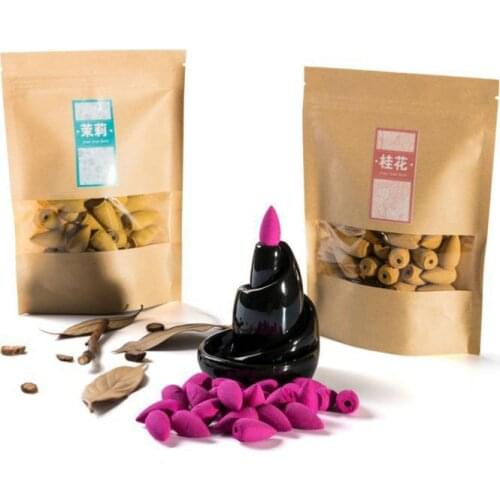 T Backflow Incense Cones In Leather Bag 40pcs Jasmine Scents for Home Lavender Lavender Tower Incense for Ceramic Incense Burner